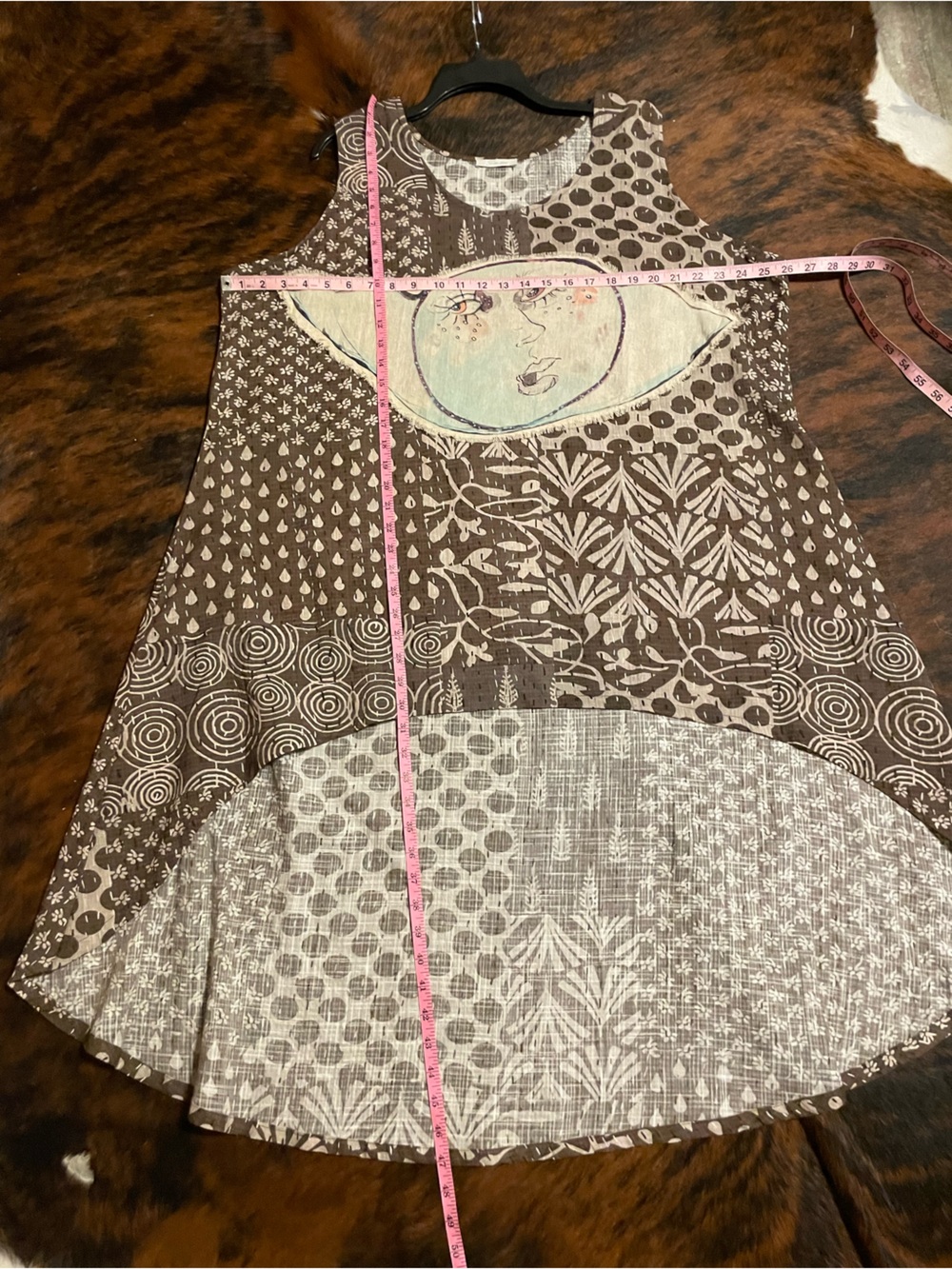bohemian patchwork high-low tunic features a unique face graphic - Picture 5 of 6